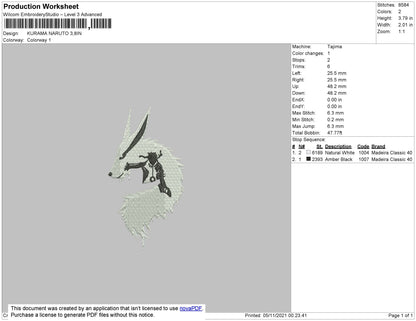 Kurama Naruto 02 Embroidery File 4 size
