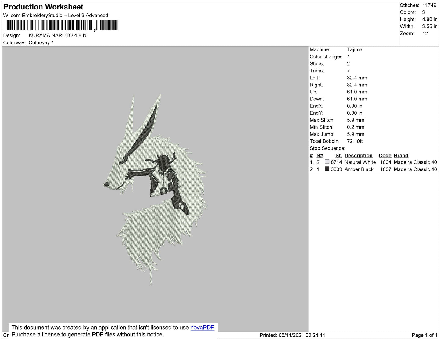 Kurama Naruto 02 Embroidery File 4 size