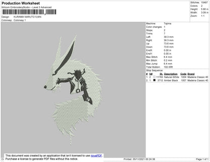 Kurama Naruto 02 Embroidery File 4 size