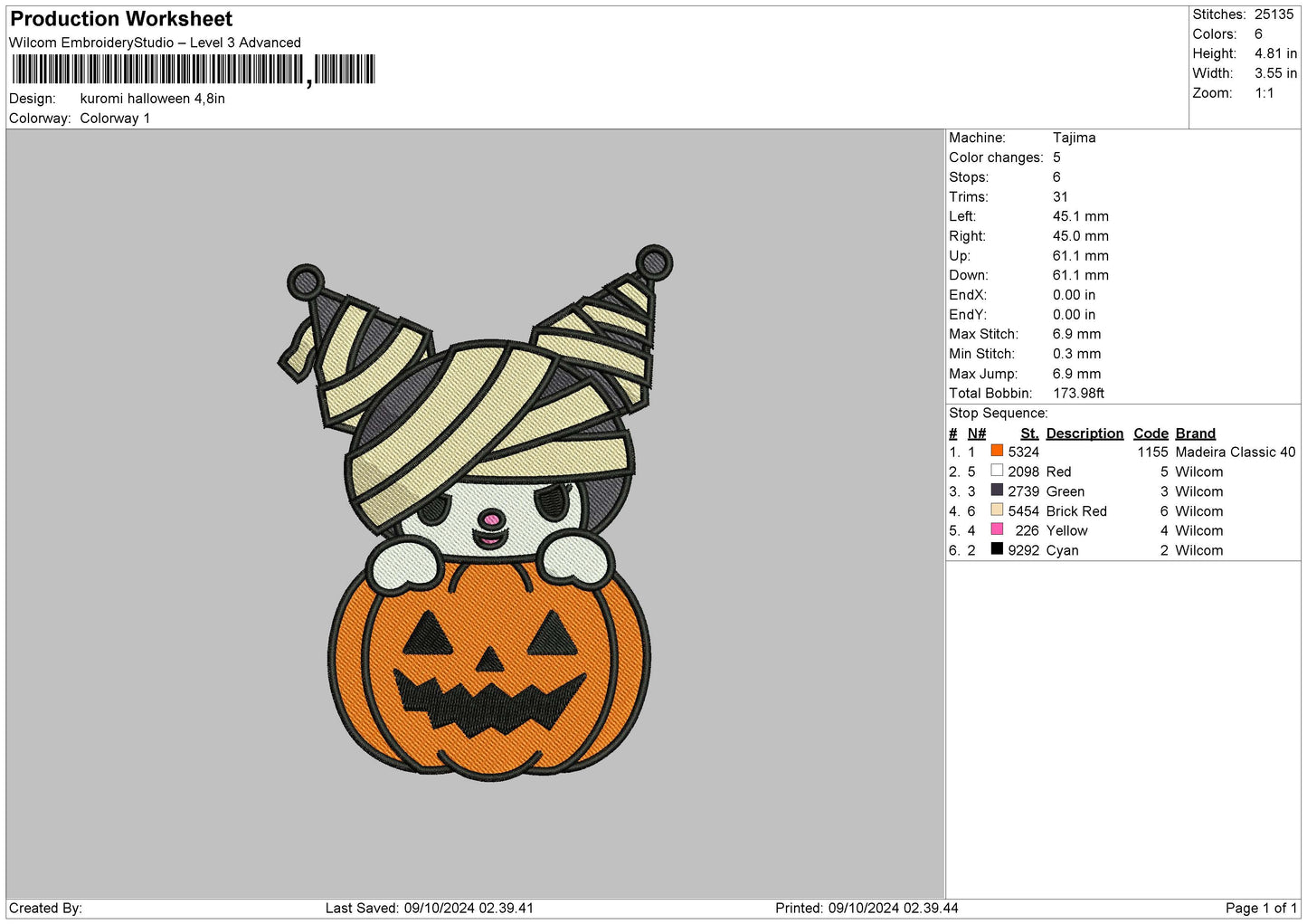 Kuro Halloween Embroidery File 6 sizes