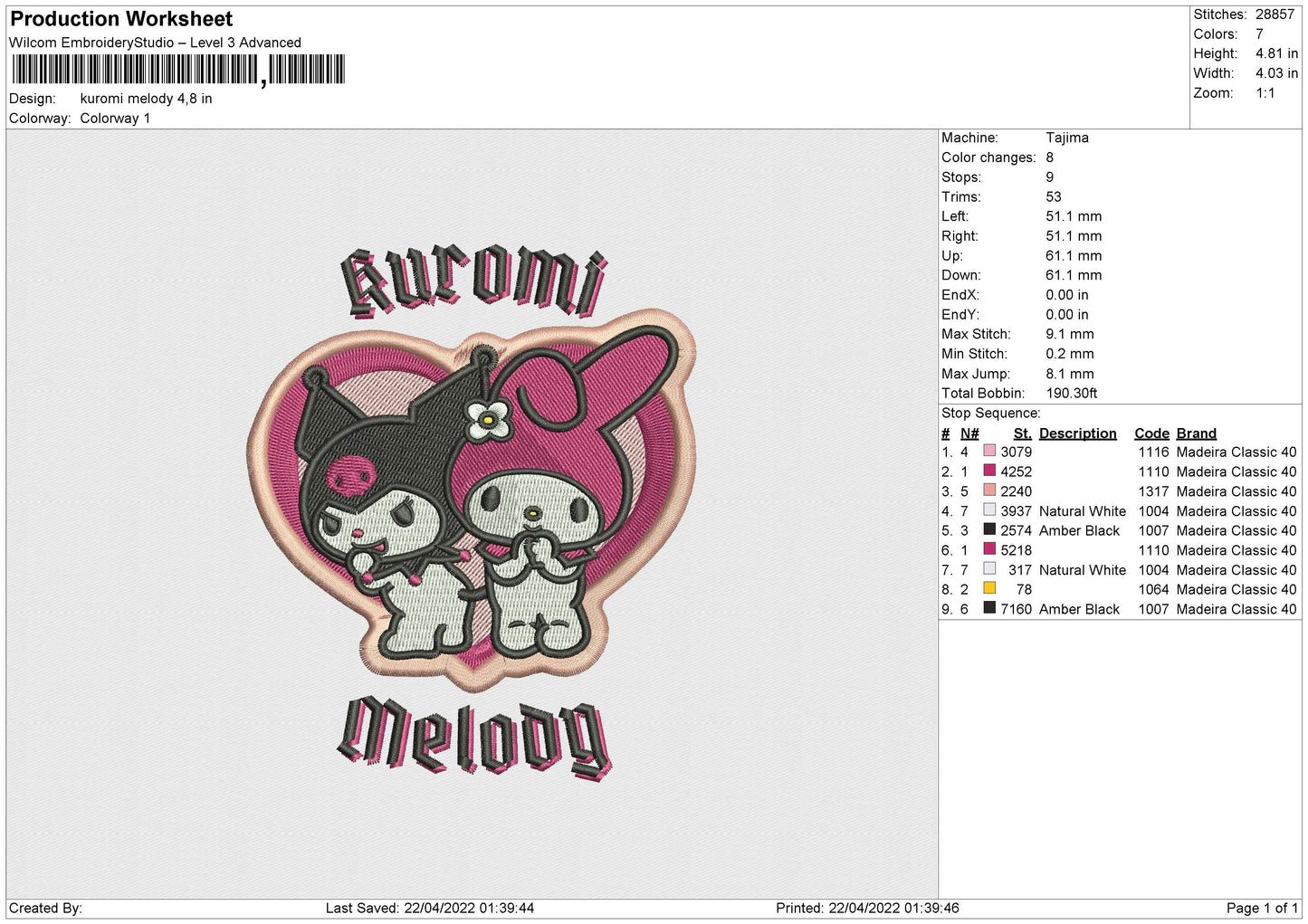 Kuromi Melody Embroidery File 4 size