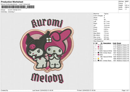 Kuromi Melody Embroidery File 4 size
