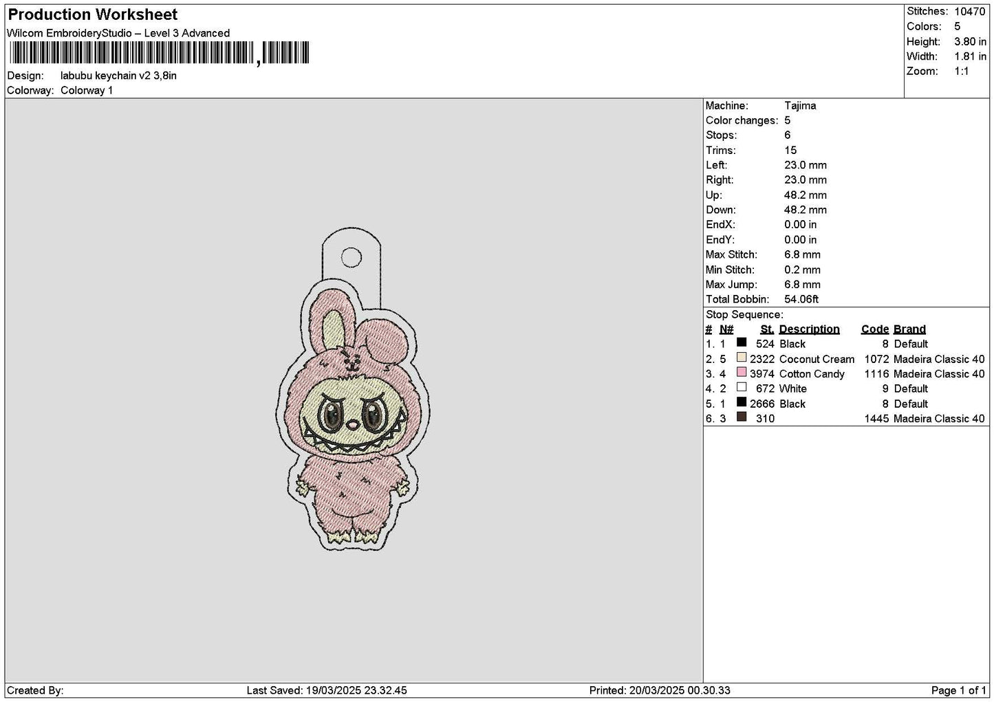 Bear Keychain V2 Embroidery File 6 sizes