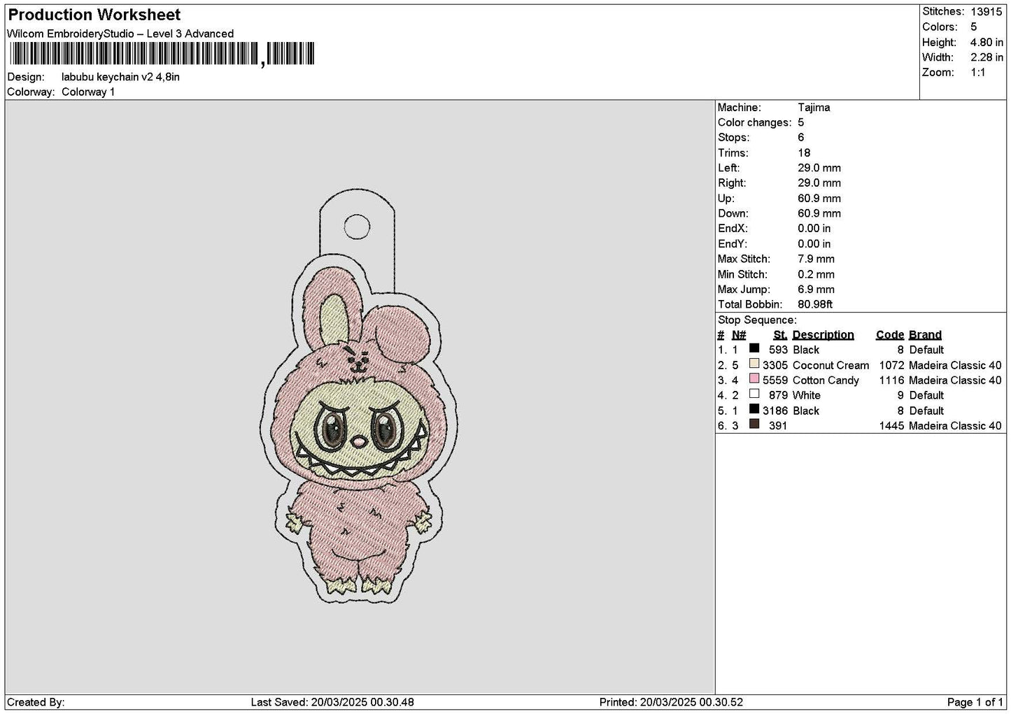 Bear Keychain V2 Embroidery File 6 sizes
