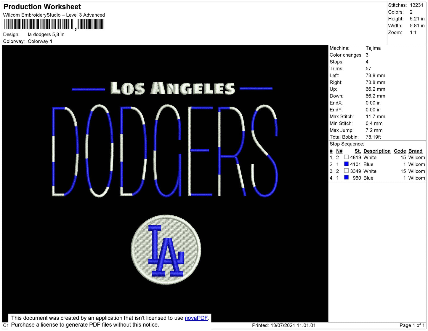 LA Dodgers Embroidery File 4 size