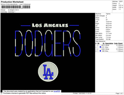 LA Dodgers Embroidery File 4 size