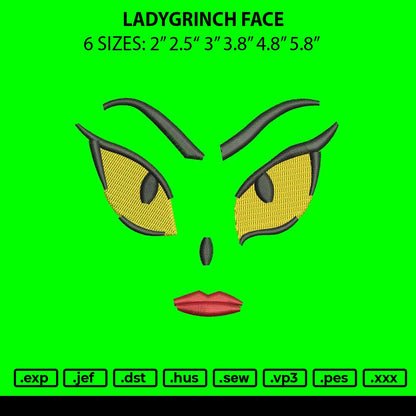 Ladygrinch Face Embroidery File 6 sizes