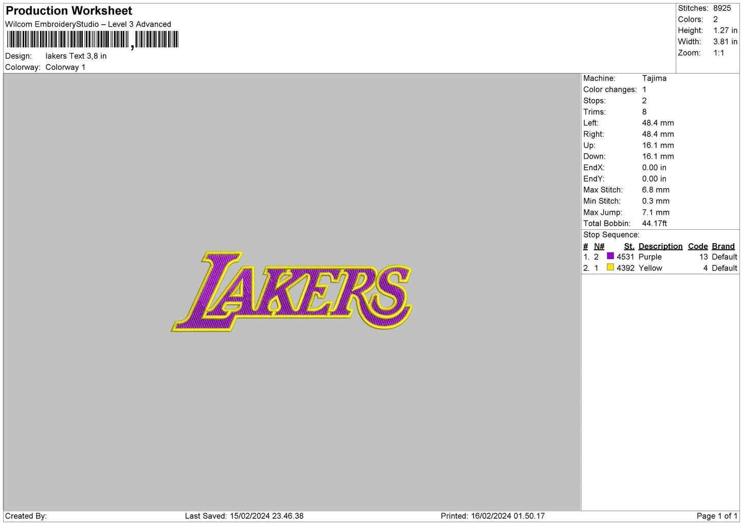 Lakerstext 02 Embroidery File 6 sizes