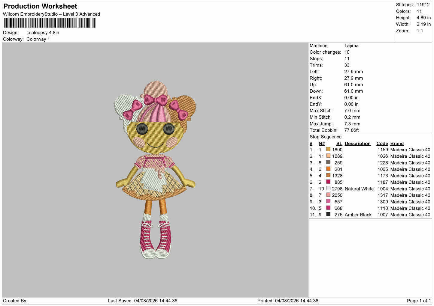 Doll 0408 Embroidery Machine Design File 6 sizes