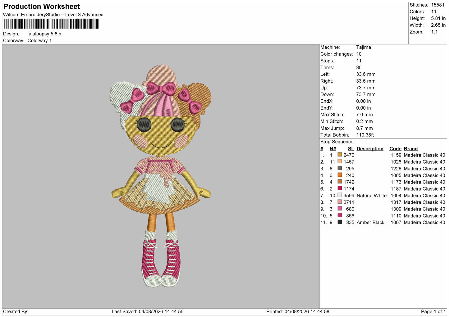 Doll 0408 Embroidery Machine Design File 6 sizes