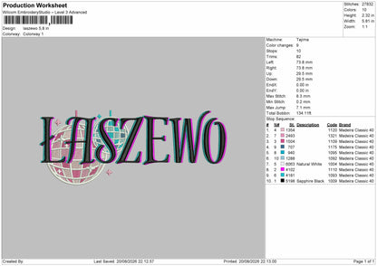 Laszewo Text Embroidery Machine Design File 6 sizes