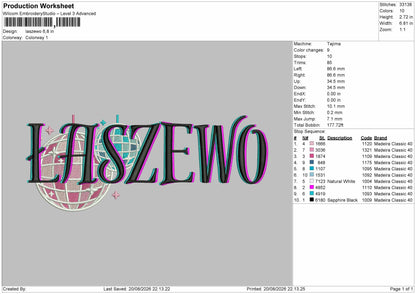 Laszewo Text Embroidery Machine Design File 6 sizes