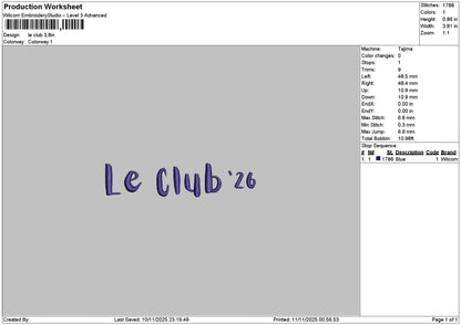 Clubtext 26 Embroidery File 6 sizes