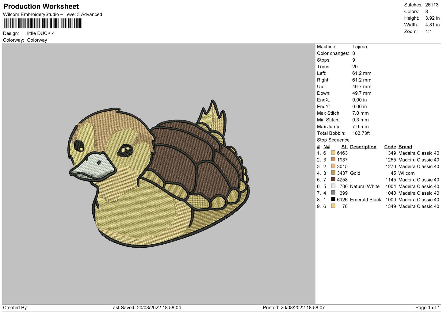 Little Duck Embroidery File 5 sizes