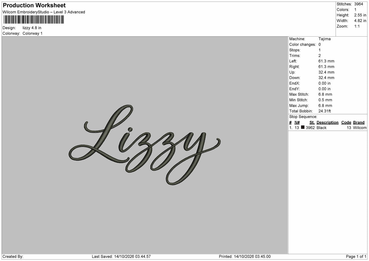 Lizzy Text Embroidery Machine Design File 6 sizes