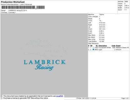 Lambrick Racing 02 Embroidery File 4 size