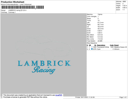 Lambrick Racing 02 Embroidery File 4 size