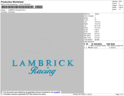 Lambrick Racing 02 Embroidery File 4 size