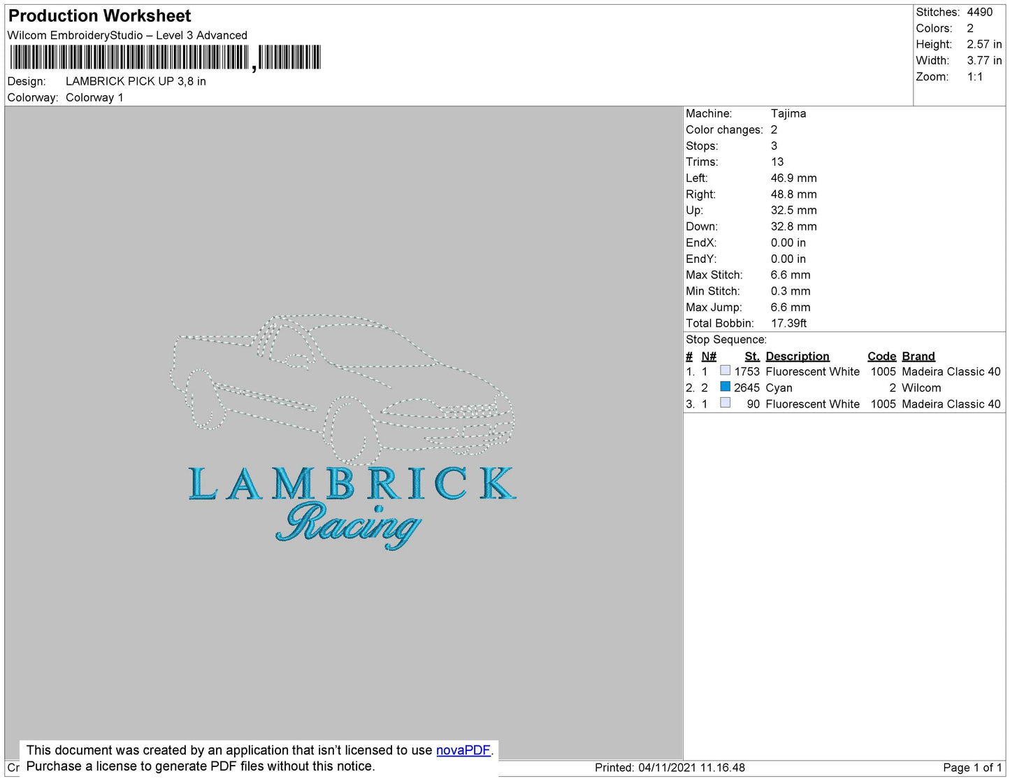 Lambrick Racing Embroidery File 4 size