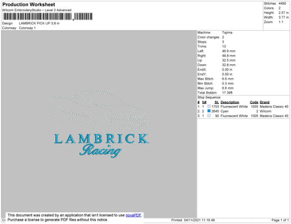 Lambrick Racing Embroidery File 4 size