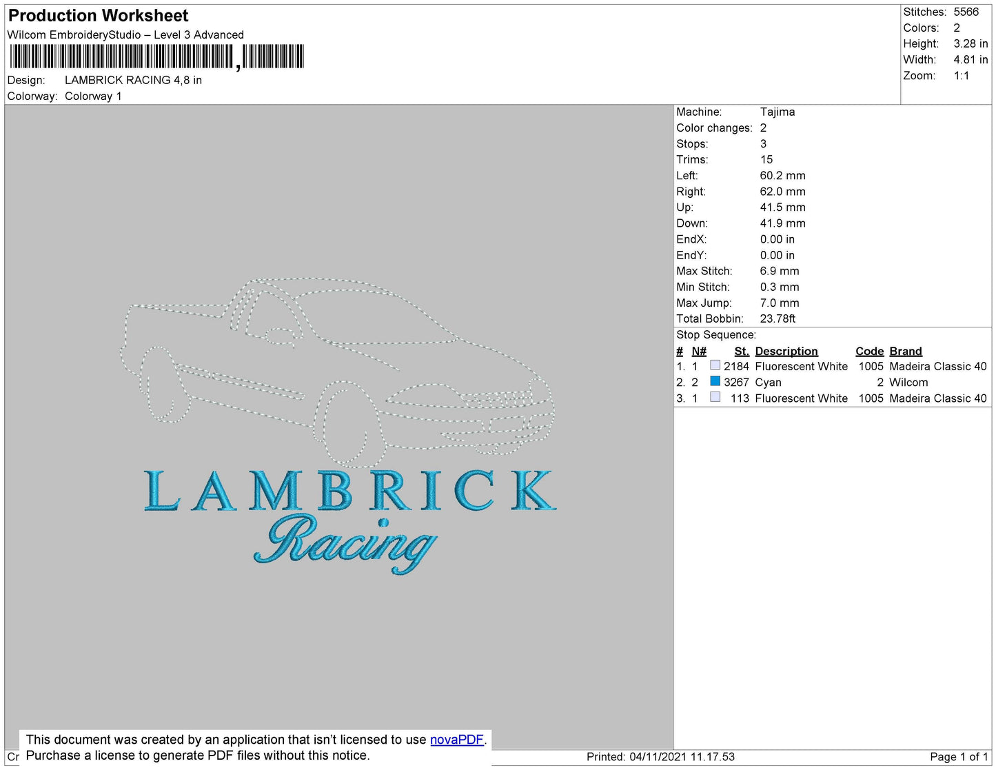 Lambrick Racing Embroidery File 4 size