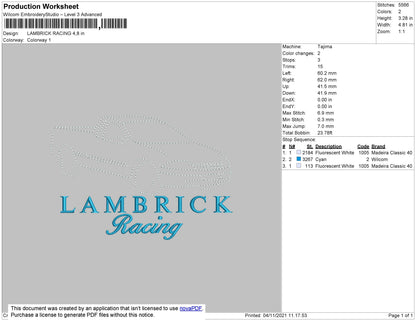 Lambrick Racing Embroidery File 4 size