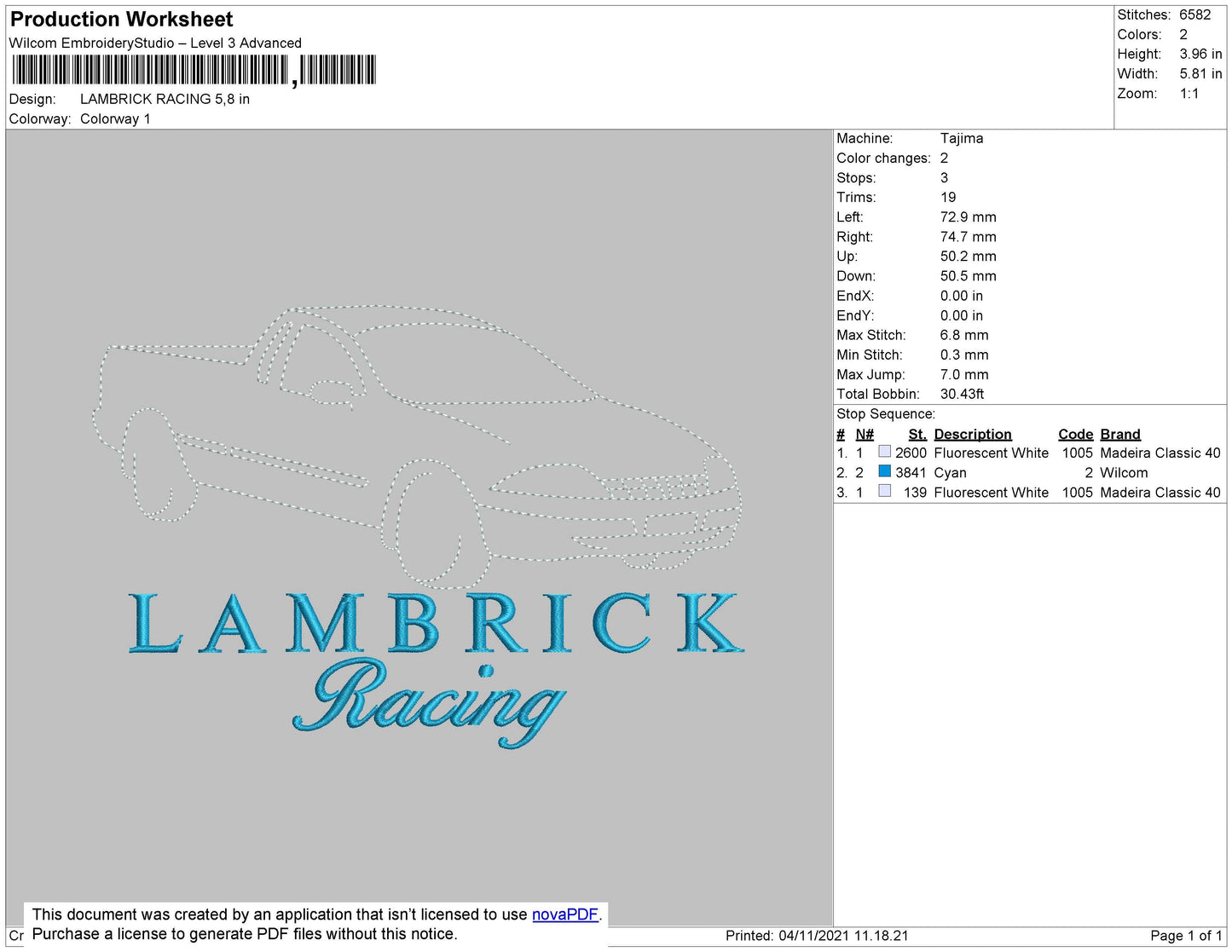 Lambrick Racing Embroidery File 4 size