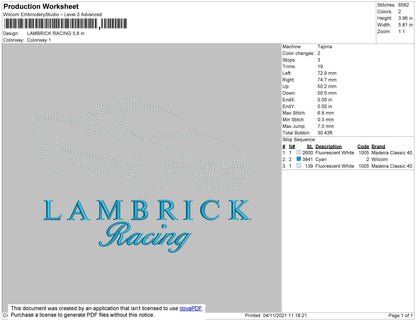 Lambrick Racing Embroidery File 4 size