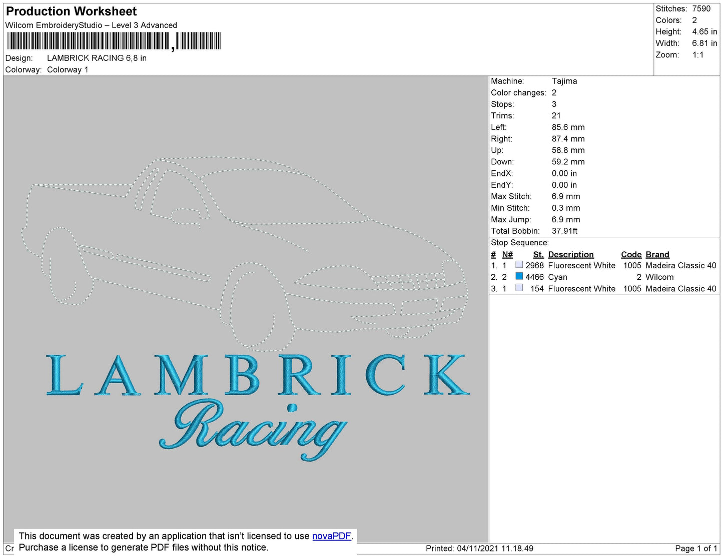 Lambrick Racing Embroidery File 4 size