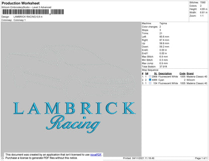 Lambrick Racing Embroidery File 4 size