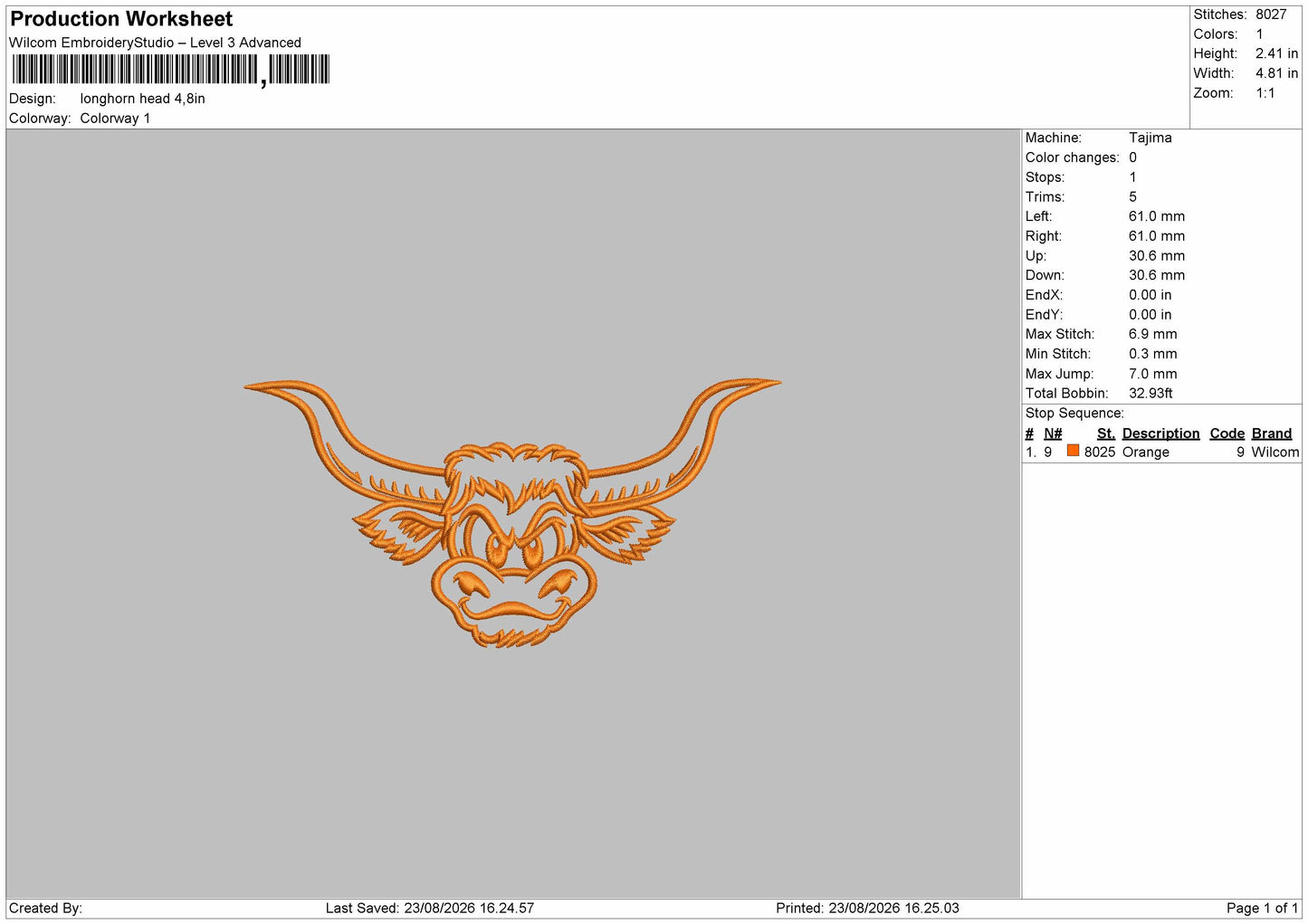Bull Head 2308 Embroidery Machine Design File 6 sizes