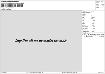 Long Live Embroidery File 6 sizes