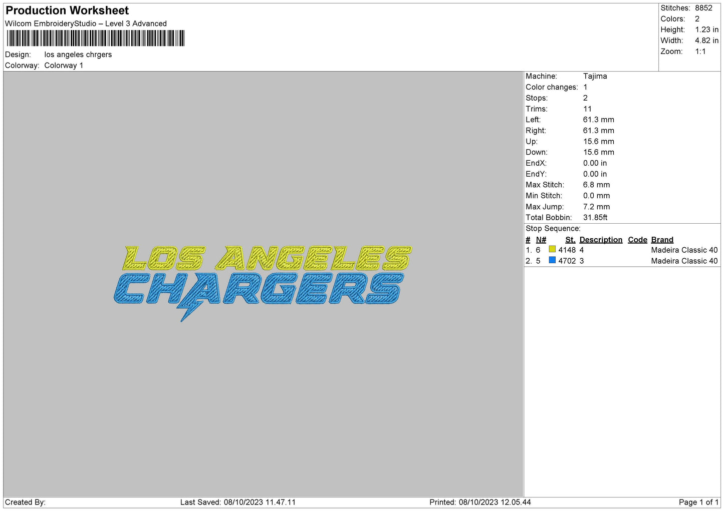 Yellow Los AngelesChargers Embroidery Design File 6 sizes