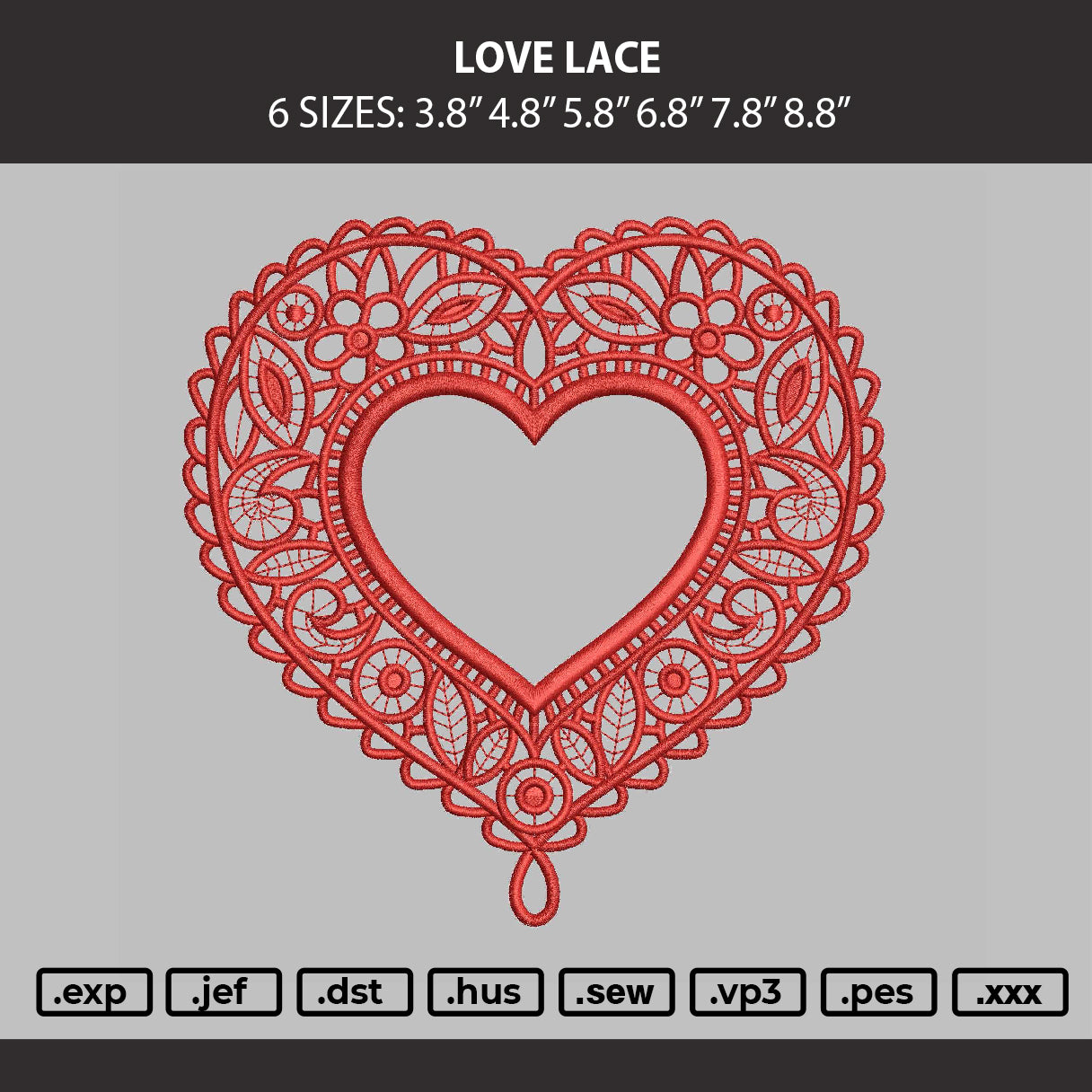 Love Lace Embroidery Machine Design File 6 sizes