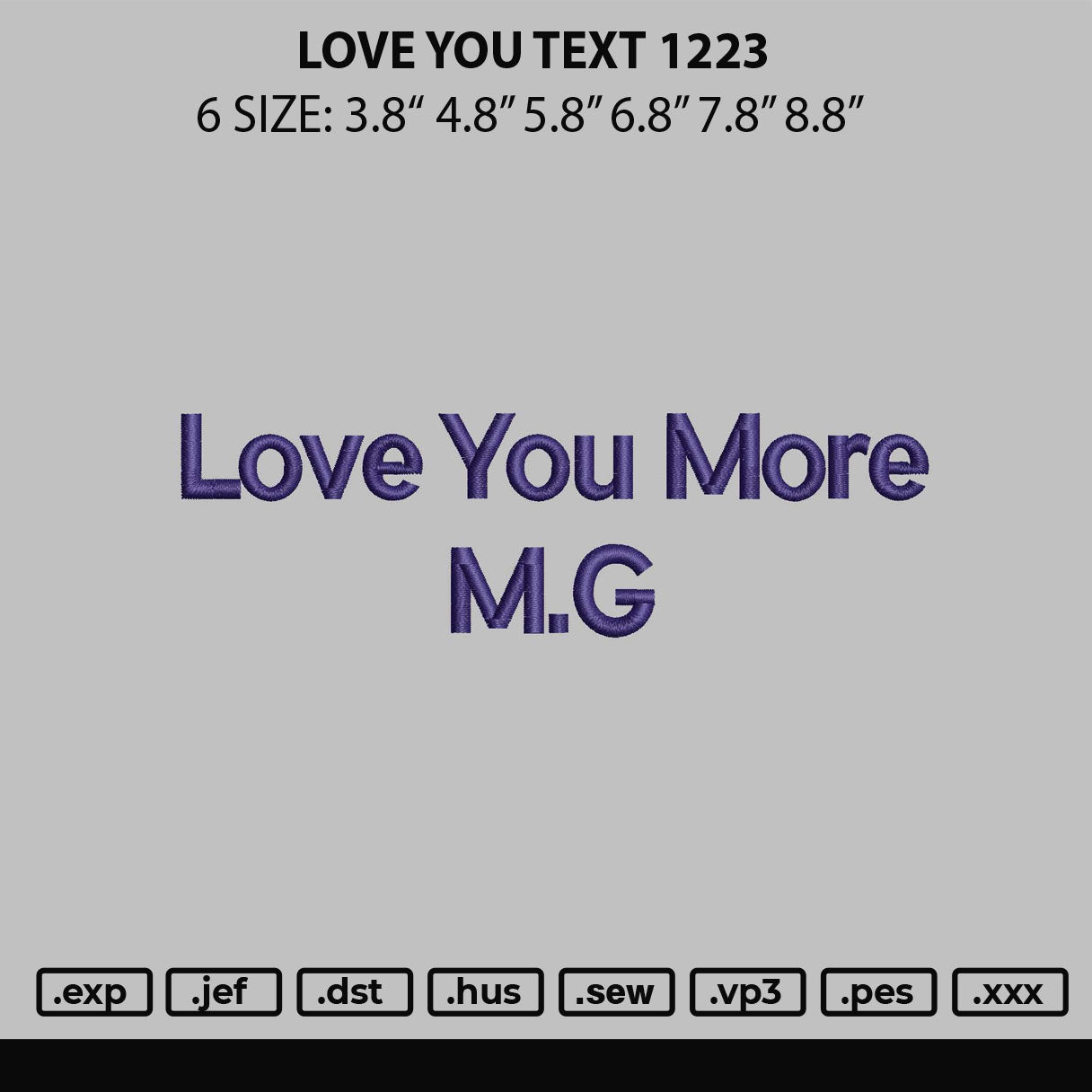 Love You Text 1223 Embroidery File 6 sizes