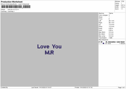 Love You Text 1223b Embroidery File 6 sizes