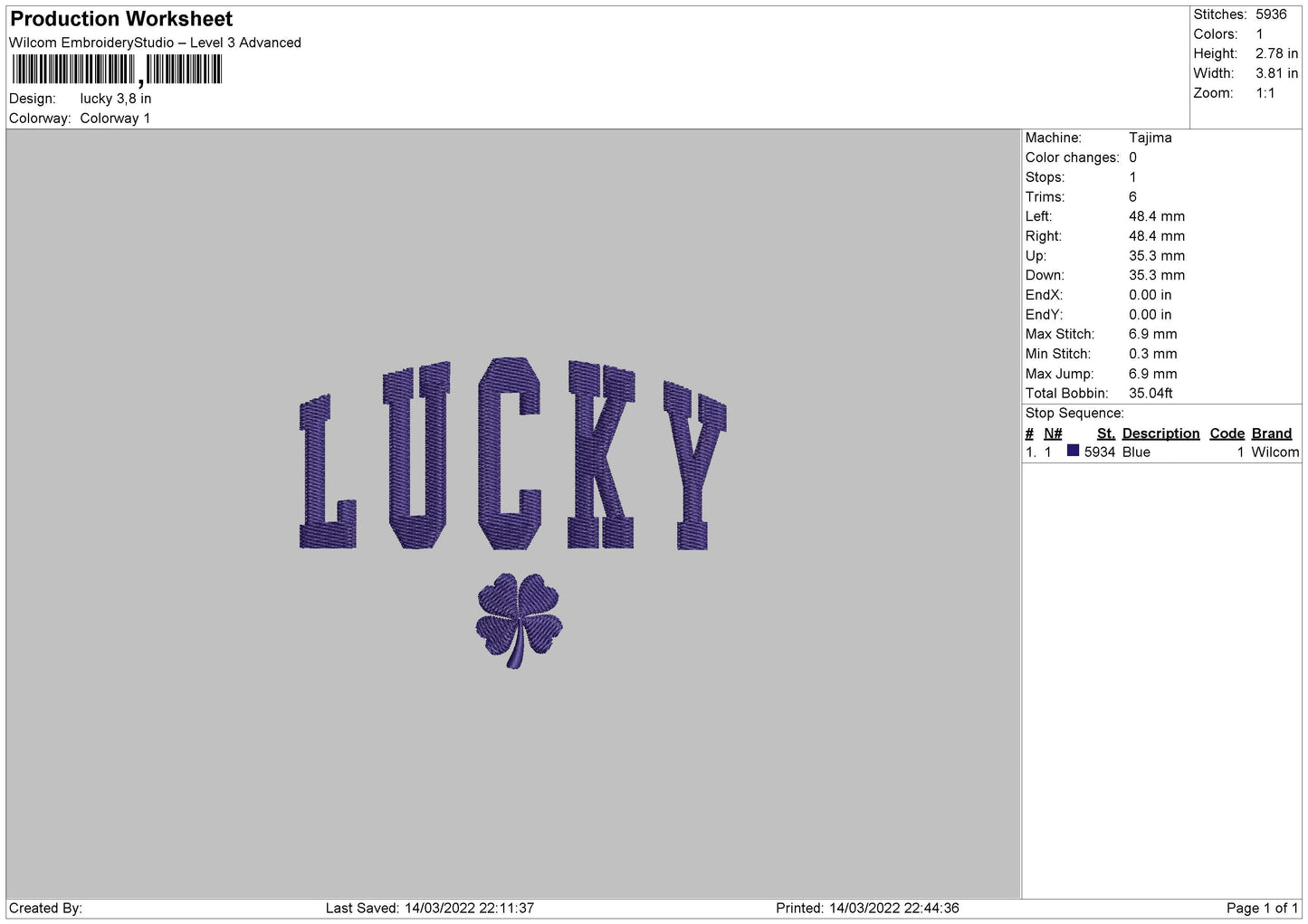 Lucky Embroidery File 4 size