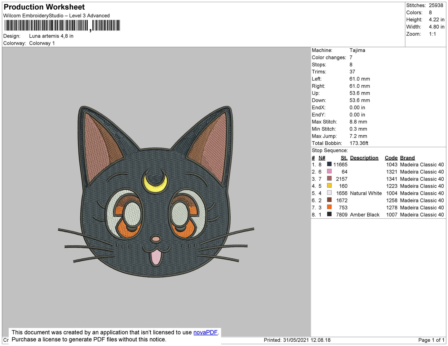 Luna Artemis Embroidery File 4 size