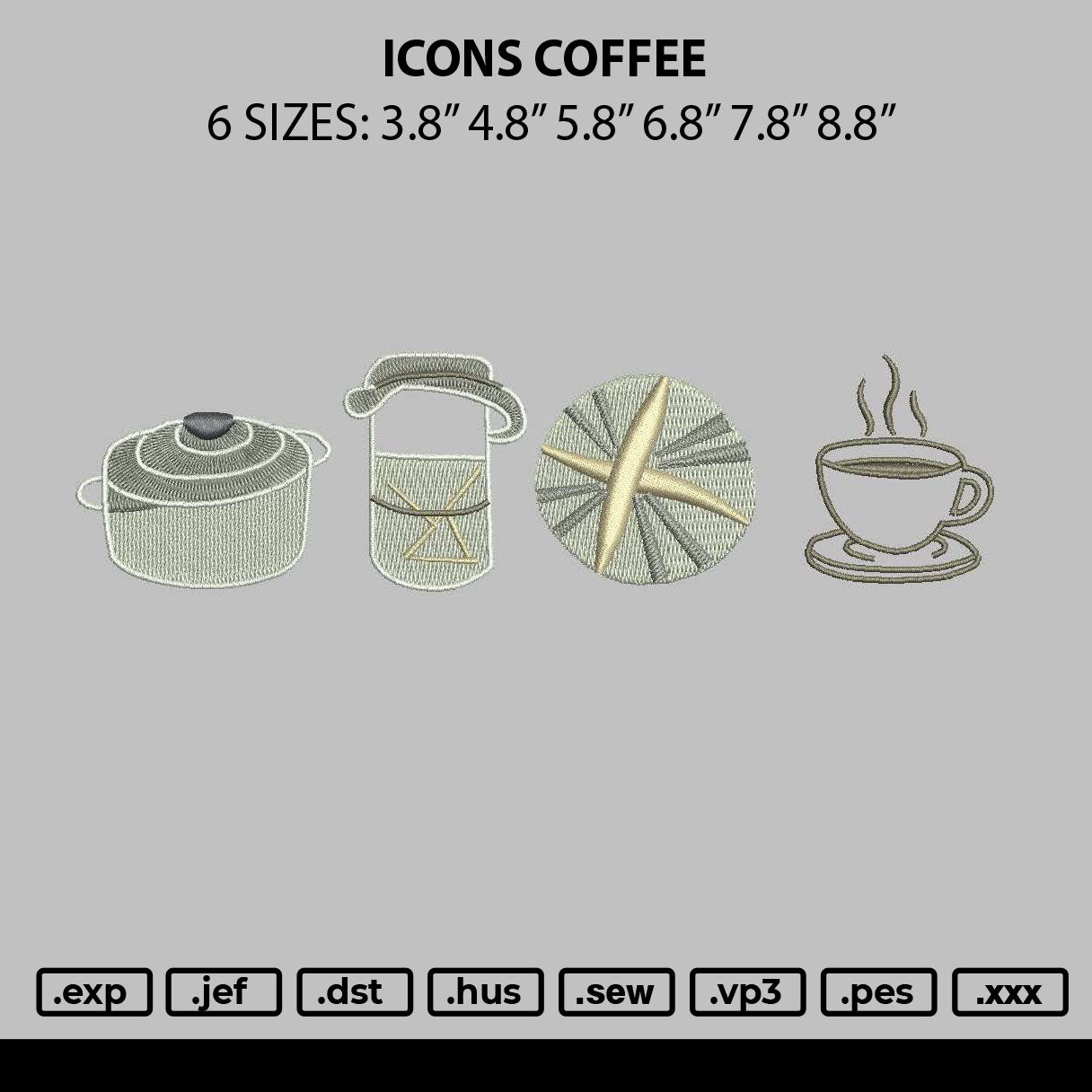 Icons Coffee Embroidery File 6 sizes