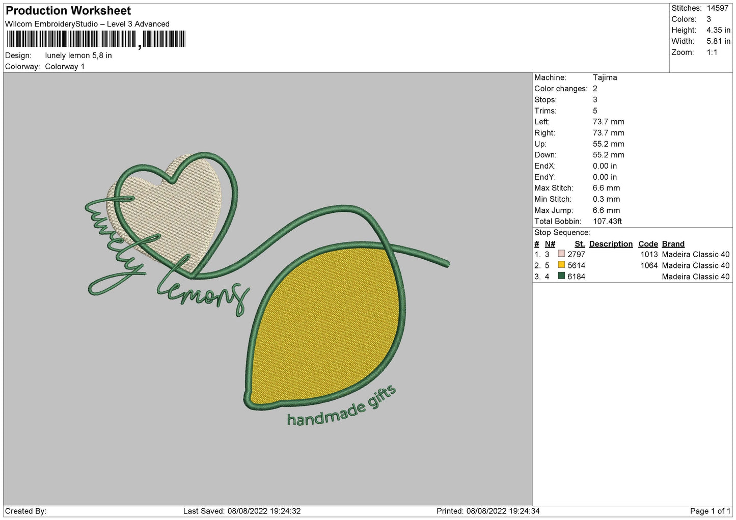 Lunely Lemon Embroidery File 4 sizes
