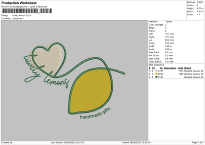 Lunely Lemon Embroidery File 4 sizes
