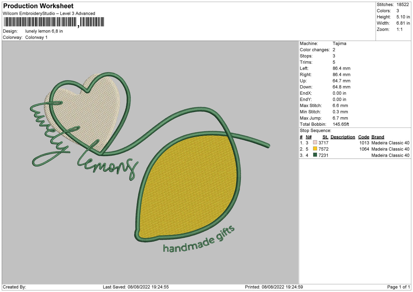 Lunely Lemon Embroidery File 4 sizes