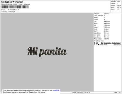 Mi Panita Text Embroidery File 4 size