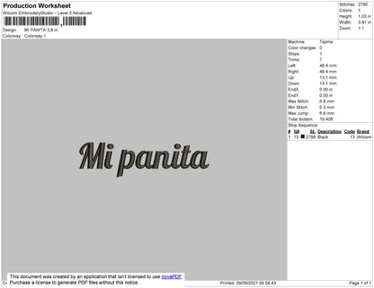 Mi Panita Text Embroidery File 4 size