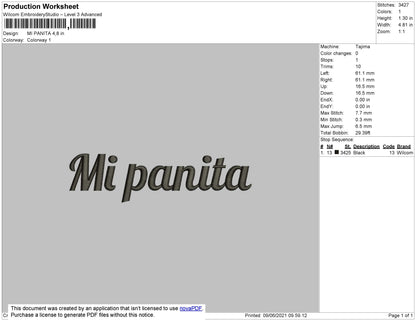 Mi Panita Text Embroidery File 4 size