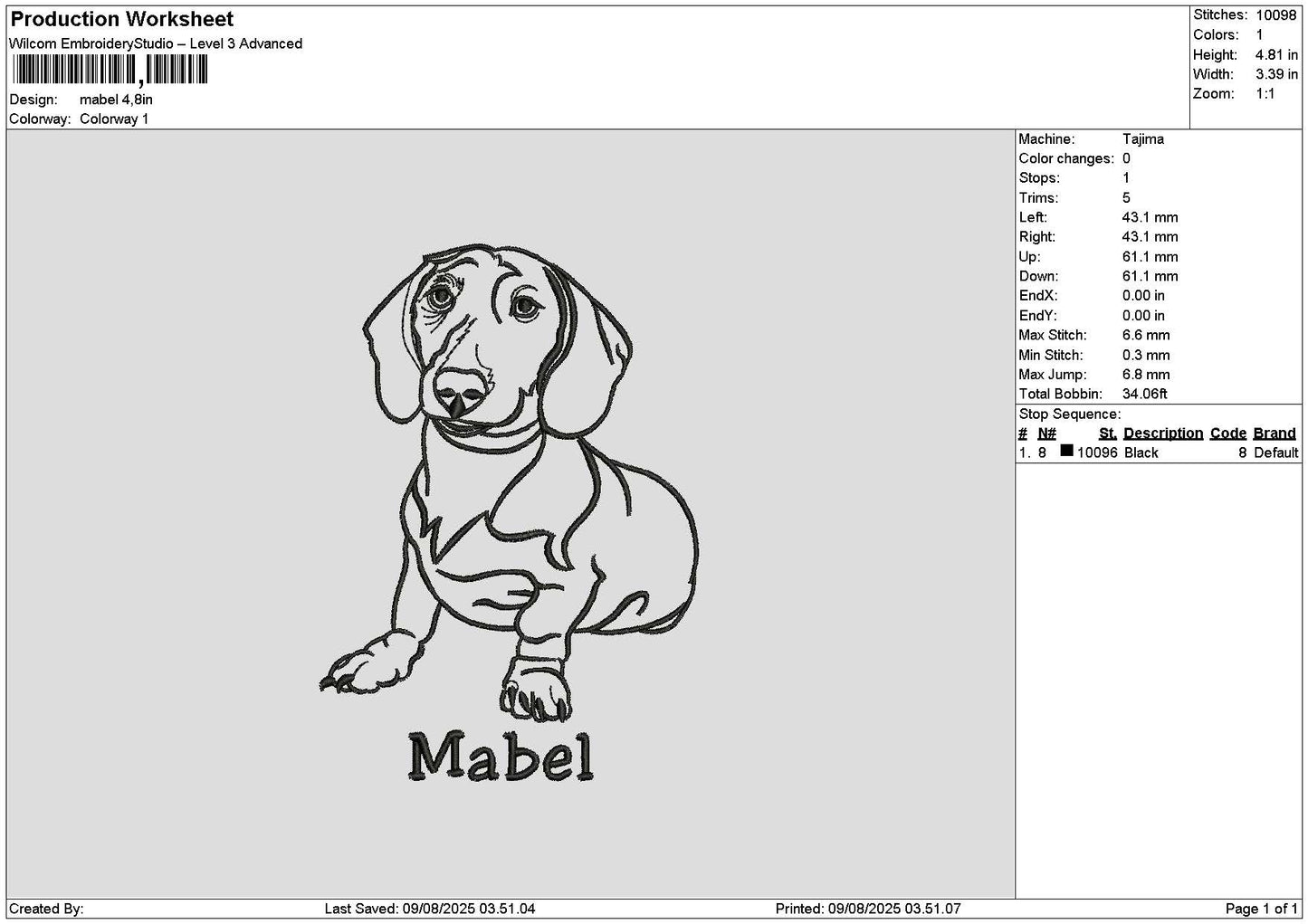Dog Outline Mabel Embroidery File 6 sizes