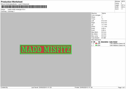 Madd Text Embroidery Machine Design File 6 sizes