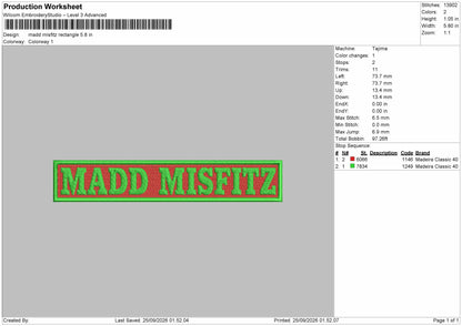 Madd Text Embroidery Machine Design File 6 sizes