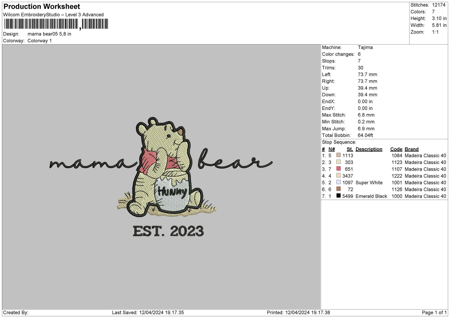 Bear1204 Embroidery File 6 sizes