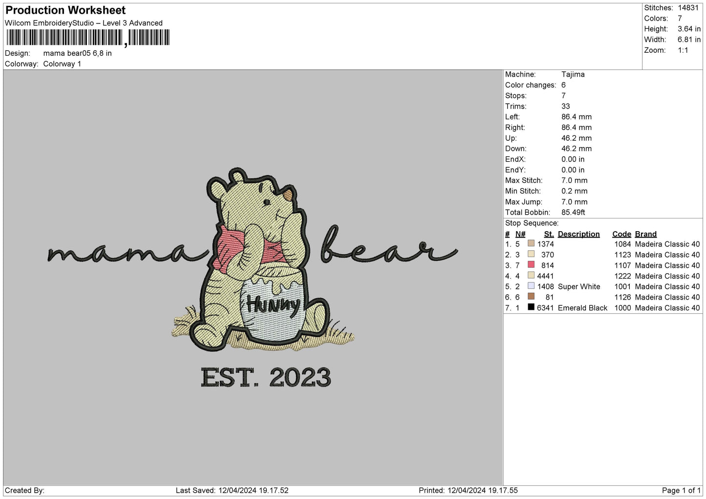 Bear1204 Embroidery File 6 sizes
